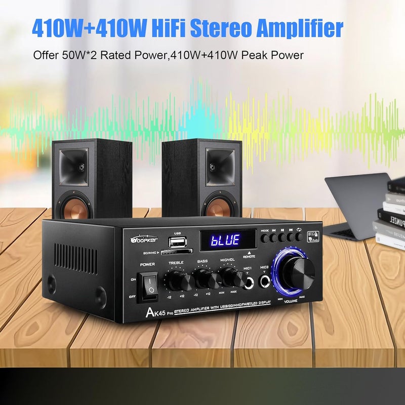 WOOPKER AK45 Pro Stereo Amplifier Home Audio, Stereo Receivers with Bluetooth 5.0,Max 400W, 2.0 Channel Audio Receiver for Home Theater Speakers w/USB/SD/RCA/2 MIC in for Karaok - Image 2